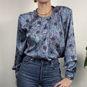 Vintage 80s Abstract Silky Satin Jewel Tone Blouse, Hong Kong
